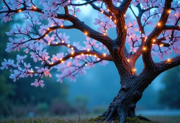 Fototapeta premium Illuminated cherry blossom tree with pink flowers and glowing lights at dusk