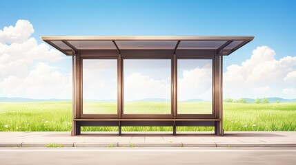 Fototapeta premium Japanese anime scene, Modern bus stop design against a scenic landscape under a bright blue sky.