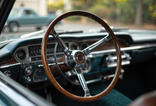 Fototapeta Classic vintage car interior with a wooden steering wheel and dashboard