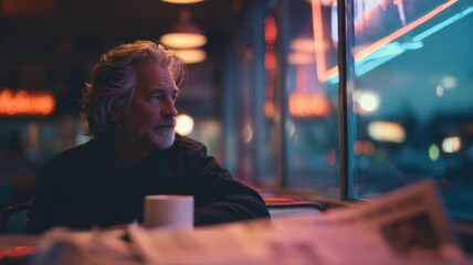 Middle Aged Man with Graying Hair Sitting in a Cafe Gazing Out the Window with Coffee