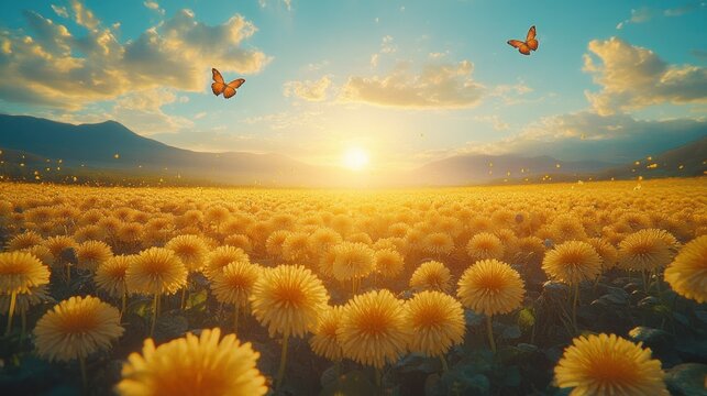 Fototapeta Golden dandelion field at sunset