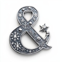 Ornate Silver Ampersand with Snowflakes and Star Detail on White Background
