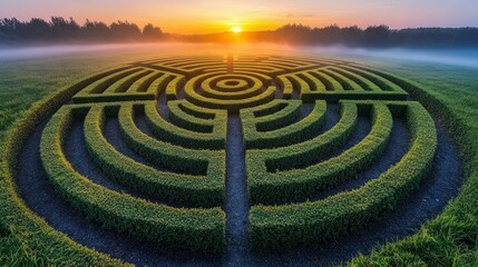 Naklejka premium Lush green topiary maze at sunrise