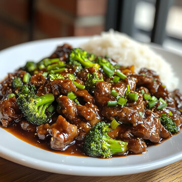 Delicious beef and broccoli dish served over rice.