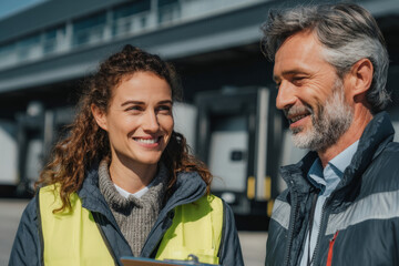 Delivery coordinator in reflective vest talks to business professional near loading dock, sunlit scene, medium angle from front.