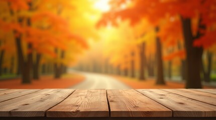 Empty rustic wooden table with blurred background of vibrant autumn forest, for showcasing products, fall-themed designs, or seasonal promotions