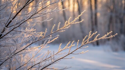 winter border foliage white Concept. Frost-covered branches in a tranquil winter landscape.