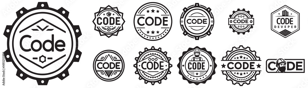 Poster retro tech & coding club logos: code lettering vector graphics collection
