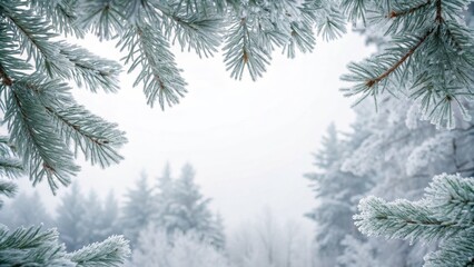 Obraz premium winter border foliage white Concept. Frosted pine branches frame a snowy, misty landscape.