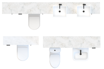Modern Bathroom Fixtures Top View –Toilets and Sinks with Marble Countertops