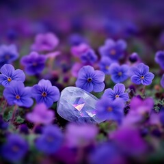 Serene Amethyst Gemstone Resting Amongst Vibrant Purple Pansies in a Spring Meadow
