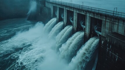  Hydroelectric dam with rushing water and electric turbines turning with the force of the flowing river water , generating clean energy for ecology and zero carbon targets
