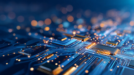 Close-up of illuminated blue circuit board lines on a dark background. 32780306 1