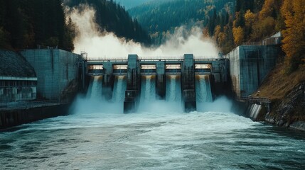  Hydroelectric dam with rushing water and electric turbines turning with the force of the flowing river water , generating clean energy for ecology and zero carbon targets