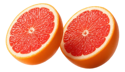 Two halves of a ripe, juicy grapefruit with vibrant pink flesh on transparent background.