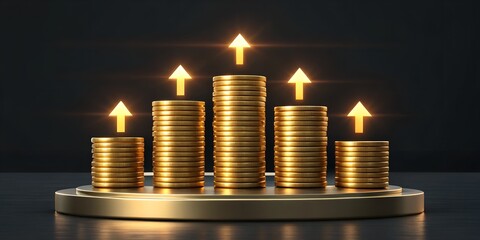 Investment growth concept with golden coins and arrows on transparent background