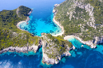Aerial view of famous double beach of Porto Timoni, Afionas region, Corfu, Greece