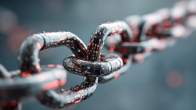 Close-up view of a blockchain chain link with binary code emerging from it in abstract digital art style