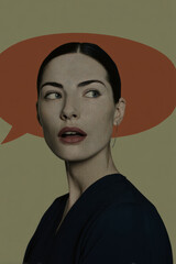 Stylized woman in profile with orange speech bubble, minimalist retro tone and surreal visual concept, ideal for editorial or conceptual illustration themes.