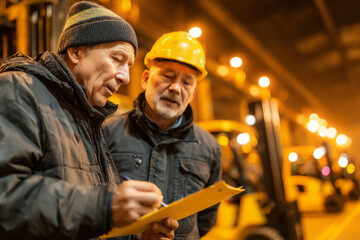 Small business owner meets financier in shipping bay, reviewing paperwork, forklifts in background, golden lighting, wide shot from side.