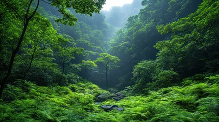 Lush, verdant valley bathed in soft light.  Dense forest floor, ferns, and towering trees.  Tranquil, nature's beauty