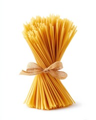 A bundle of spaghetti tied with a rustic ribbon, ready for a delicious meal. Golden strands of pasta against a white background.