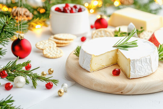 Rustic cheese board decorated with aged cheeses and crackers surrounded by natural christmas decorations for festive vibes
