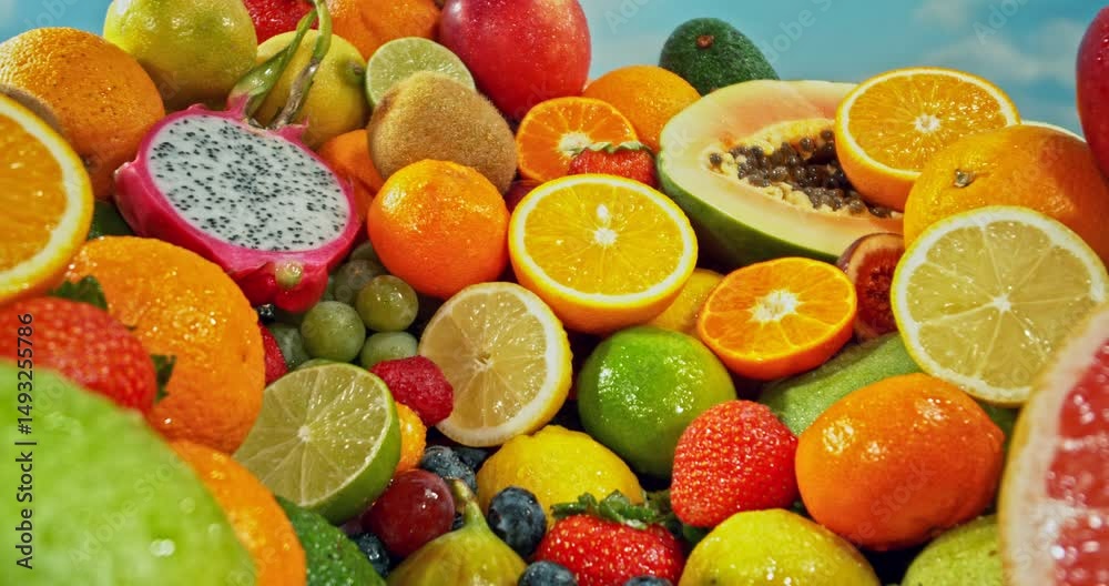 Poster various kind of fresh exotic fruits. camera placed on motion control system. filmed on high speed ci