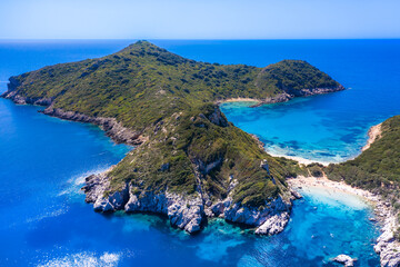 Aerial view of famous double beach of Porto Timoni, Afionas region, Corfu, Greece