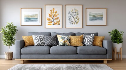 Cozy living room with gray sofa and watercolor art on wall complemented by plants
