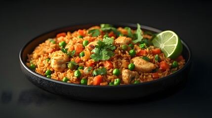 Delicious chicken fried rice dish served in a plate.