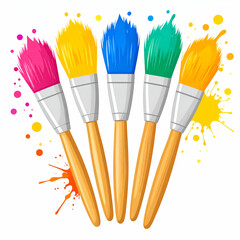 A colorful illustration of five paintbrushes with vibrant paint strokes in pink, yellow, blue, green, and orange. The brushes are arranged in a row with splashes and dots.