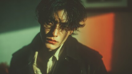 Moody Portrait of a Young Man in Modern Jacket with Dramatic Lighting and Artistic Shadows