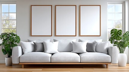 Modern Watercolor Scene with Gray Linen Sofa and Natural Light in Studio Setting