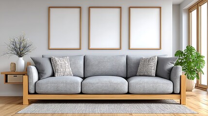 Fototapeta premium Cozy Gray Linen Sofa in Bright Studio Setting with Natural Light and Minimal Decor