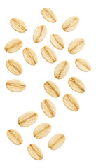 Obraz premium Scattered dry oatmeal flakes in various orientations on transparent background.