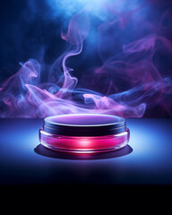 Poster of cosmetic bottles, skincare products, and perfumes with smoke as a scene element.