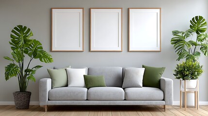 Modern Gray Linen Sofa in Cozy Studio Space with Art Frames and Green Plants