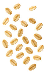 Obraz premium Scattered oat flakes arranged randomly showcasing texture and color detail on transparent background.