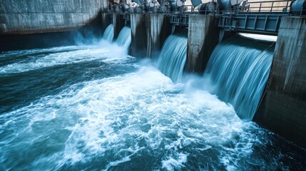  Hydroelectric dam with rushing water and electric turbines turning with the force of the flowing river water , generating clean energy for ecology and zero carbon targets