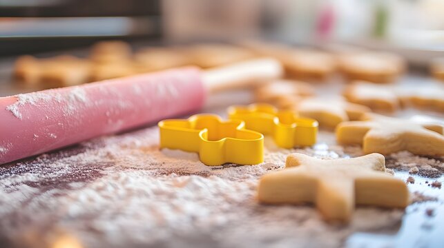 Close-up view of cookies, rolling pin, and cookie cutters.