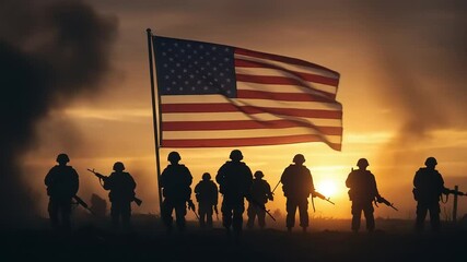 Silhouetted soldiers stand guard, flag waves.