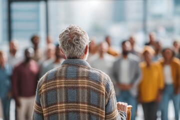 Elderly man holding a cane presenting to a multi-ethnic team, large screen behind, bright lighting, wide shot from behind.