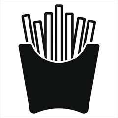 Simple vector silhouette of french fries in a container against a white background/A clean, minimalist silhouette illustration of french fries in a black cardboard container.