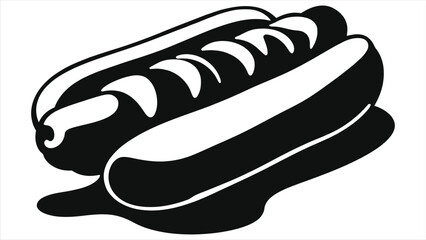 Simple black and white hot dog vector silhouette/A stylized, black and white graphic of a hot dog.