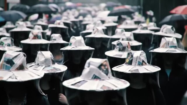 A large group of participants gathers in an urban setting, wearing distinctive paper hats. The event focuses on climate awareness, highlighting community engagement and advocacy.