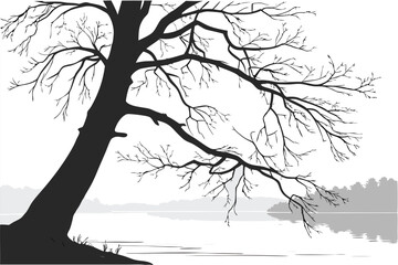  long tree trunk, bare branches reaching out, floating on water, serene landscape, black and white, moody atmosphere, still lake, minimal composition, haunting, ethereal, dramatic lighting, nature p