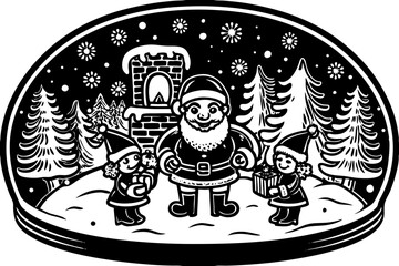 Snow globe with Santa and elves inside vector illustration