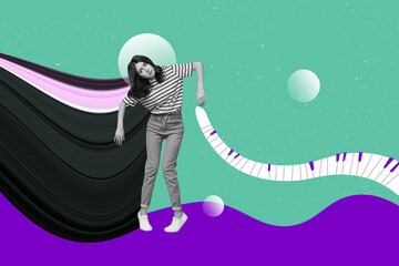 Picture pop collage of person with black color flow lines having piano keys on cyan background