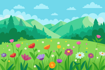 Lush green meadow dotted with colorful wildflowers vector illustration